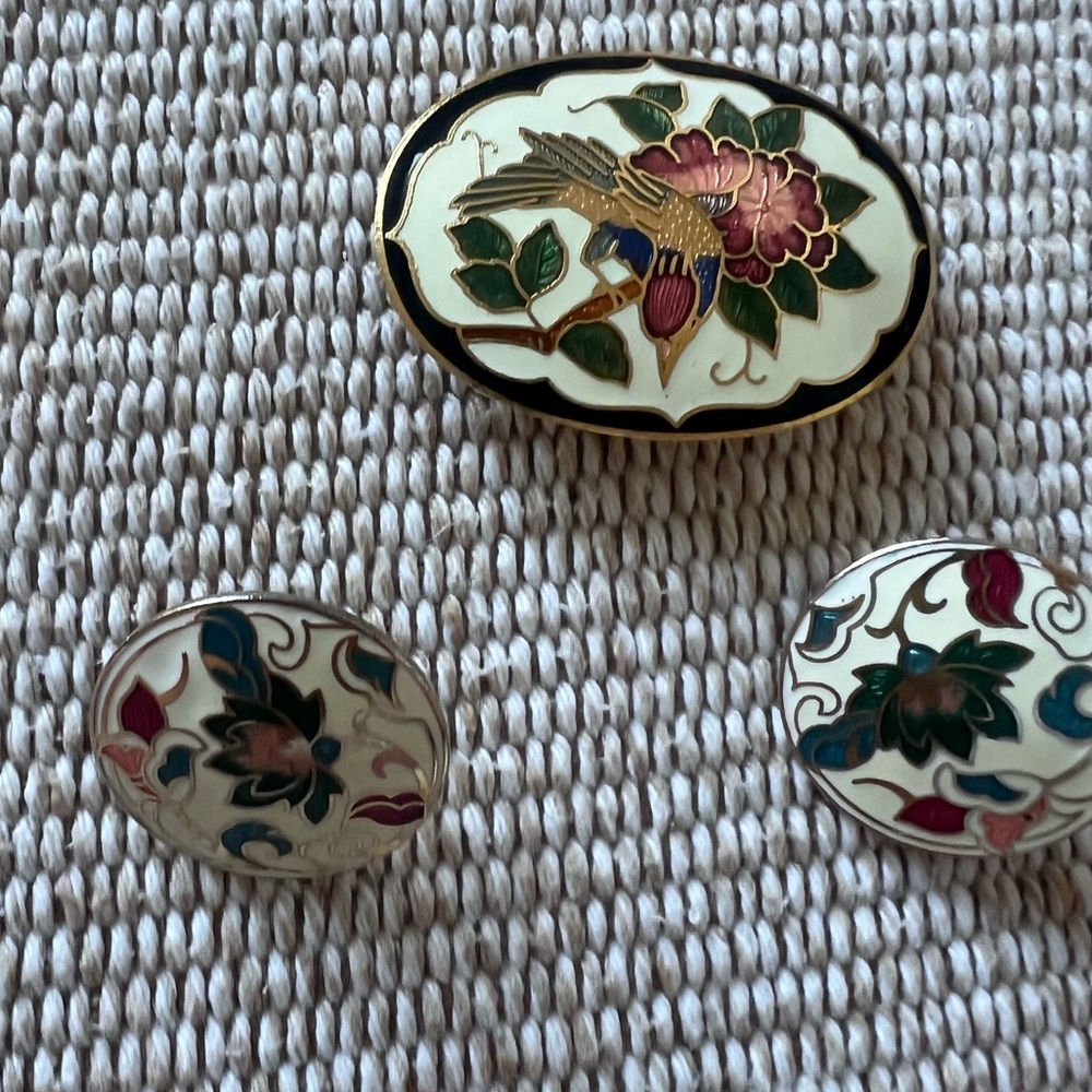 Vintage Cloisonné Enamel Bird Floral Oval Scarf Clip & Ear Clips Set Spring